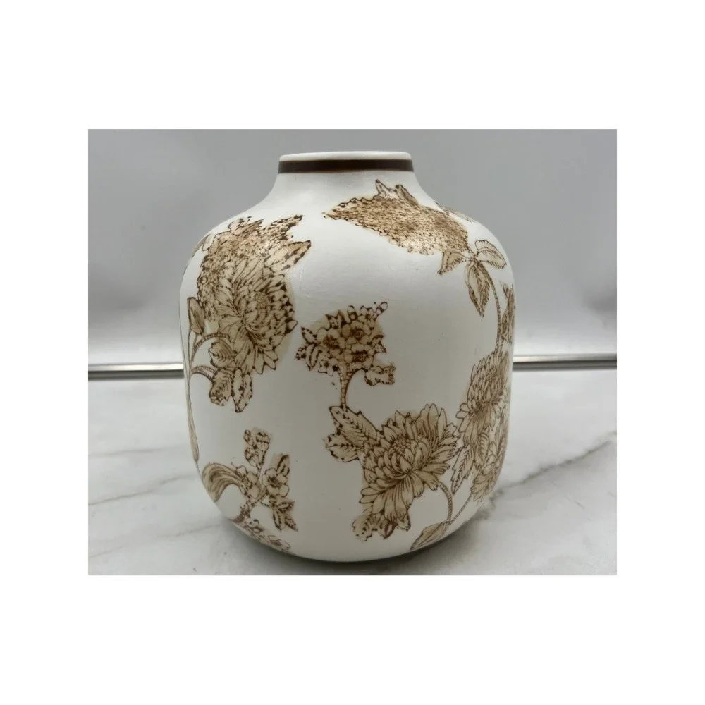 Vintage Style Ceramic Floral Bud Vase White and Brown Botanical Sketch 6.5 Inch